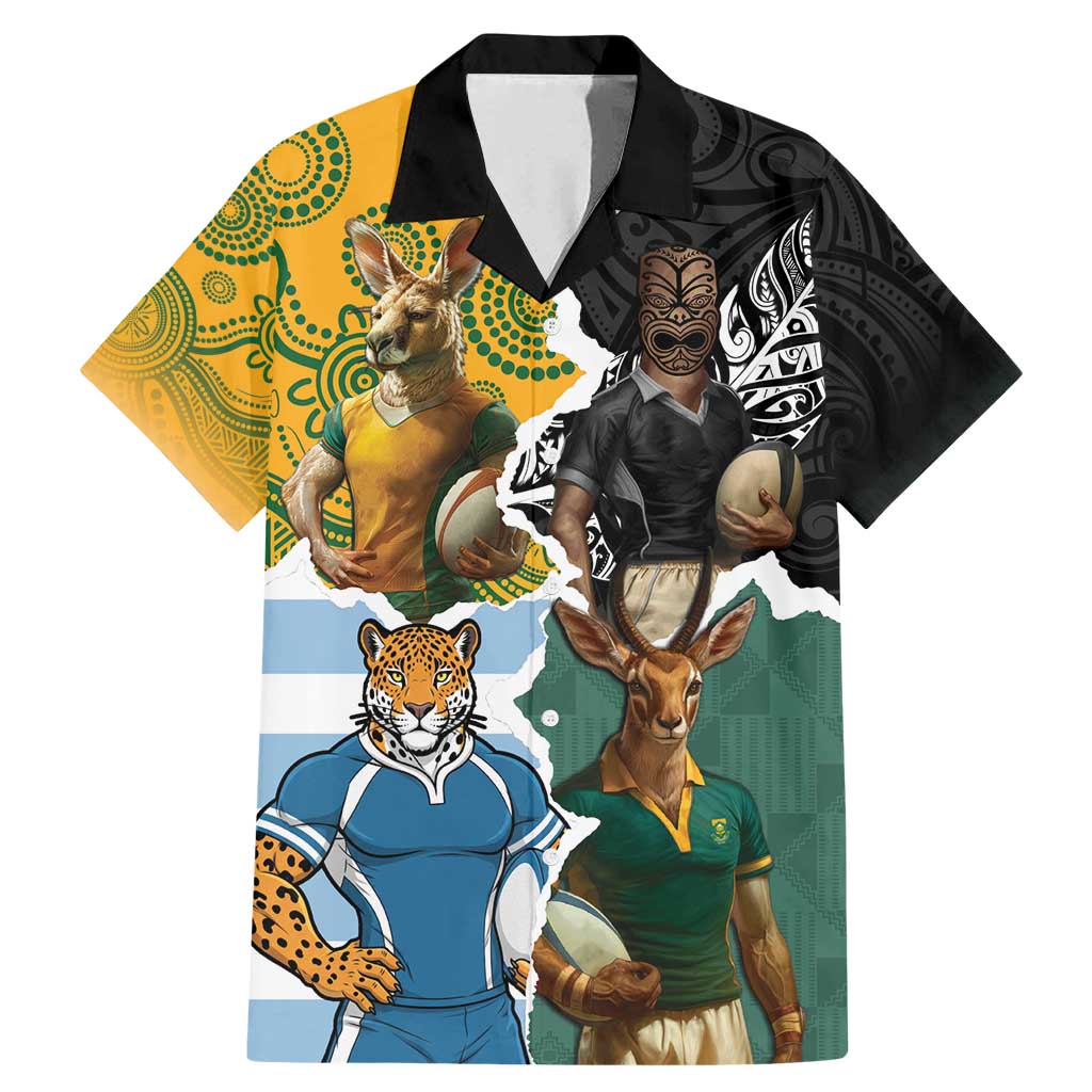 Personalised Rugby 2025 Championship Family Matching Mermaid Dress and Hawaiian Shirt Southern Hemisphere Countries Mascots LT14 Dad's Shirt - Short Sleeve Black - Polynesian Pride