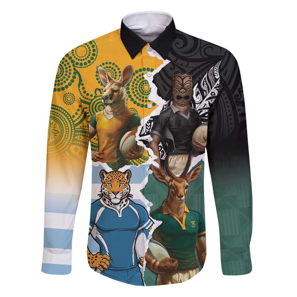Personalised Rugby 2025 Championship Family Matching Off Shoulder Maxi Dress and Hawaiian Shirt Southern Hemisphere Countries Mascots LT14 Dad's Shirt - Long Sleeve Black - Polynesian Pride