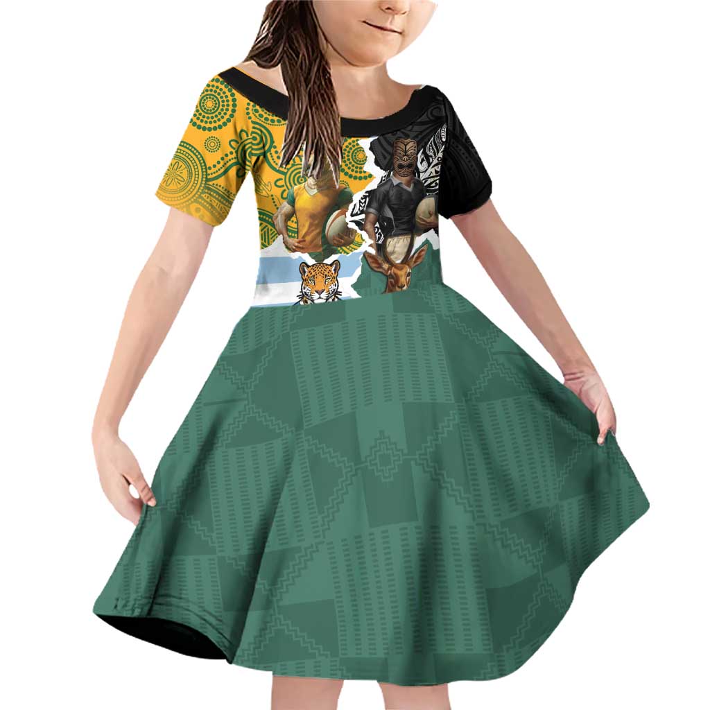 Personalised Rugby 2025 Championship Family Matching Off Shoulder Short Dress and Hawaiian Shirt Southern Hemisphere Countries Mascots LT14 Daughter's Dress Black - Polynesian Pride