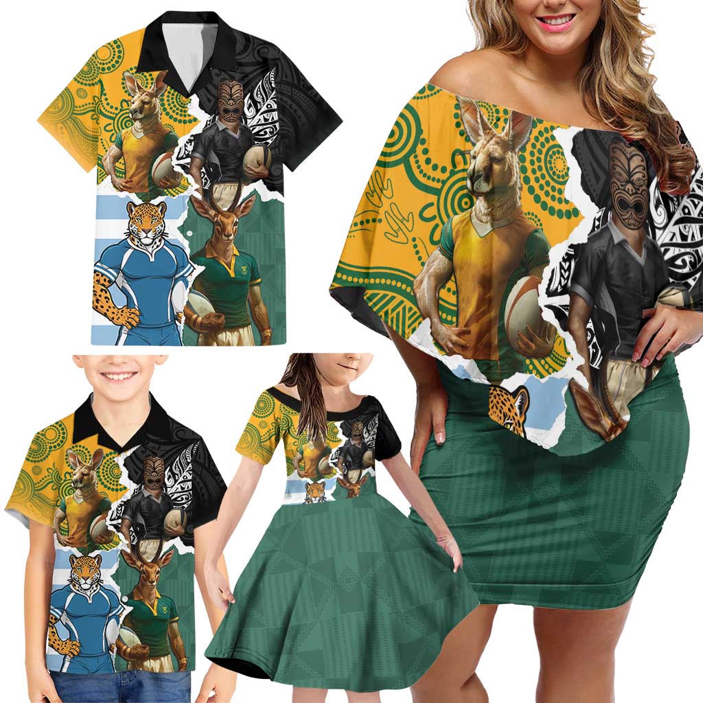 Personalised Rugby 2025 Championship Family Matching Off Shoulder Short Dress and Hawaiian Shirt Southern Hemisphere Countries Mascots LT14 - Polynesian Pride