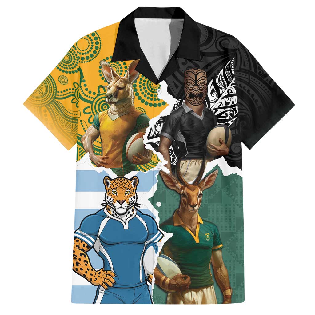 Personalised Rugby 2025 Championship Family Matching Puletasi and Hawaiian Shirt Southern Hemisphere Countries Mascots LT14 Dad's Shirt - Short Sleeve Black - Polynesian Pride