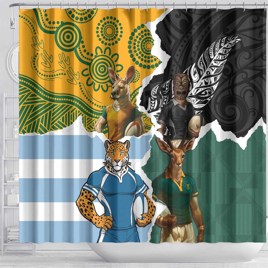 Rugby 2025 Championship Shower Curtain Southern Hemisphere Countries Mascots - Polynesian Pride