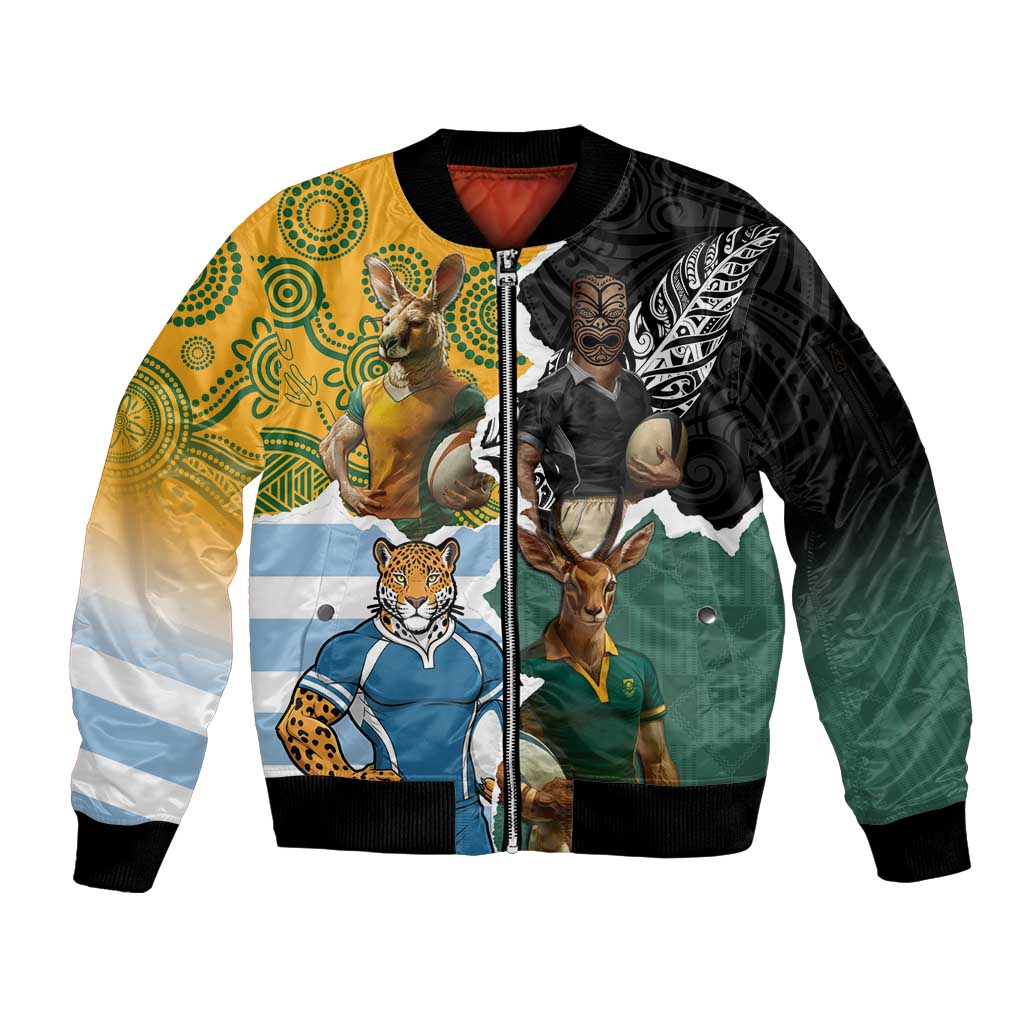 Personalised Rugby 2025 Championship Sleeve Zip Bomber Jacket Southern Hemisphere Countries Mascots LT14 Unisex Black - Polynesian Pride