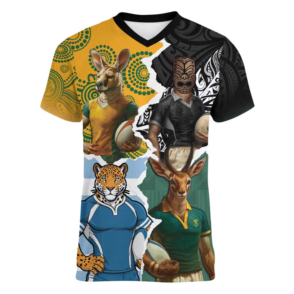 Personalised Rugby 2025 Championship Women V-Neck T-Shirt Southern Hemisphere Countries Mascots LT14 Female Black - Polynesian Pride