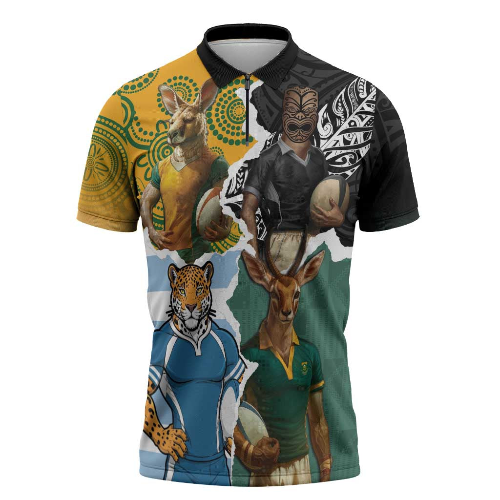 Personalised Rugby 2025 Championship Zipper Polo Shirt Southern Hemisphere Countries Mascots - Polynesian Pride
