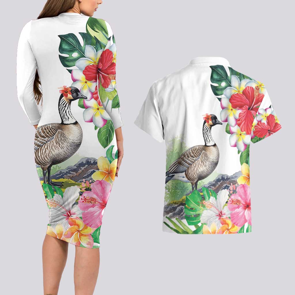 Aloha Hawaii Nene Goose Couples Matching Long Sleeve Bodycon Dress and Hawaiian Shirt Tropical Flowers Watercolor Stylized - Polynesian Pride