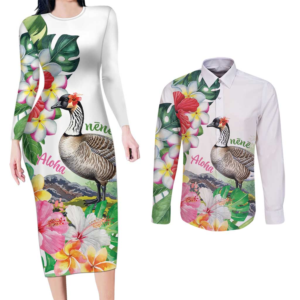 Aloha Hawaii Nene Goose Couples Matching Long Sleeve Bodycon Dress and Long Sleeve Button Shirt Tropical Flowers Watercolor Stylized LT14 White - Polynesian Pride