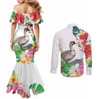 Aloha Hawaii Nene Goose Couples Matching Mermaid Dress and Long Sleeve Button Shirt Tropical Flowers Watercolor Stylized LT14 - Polynesian Pride