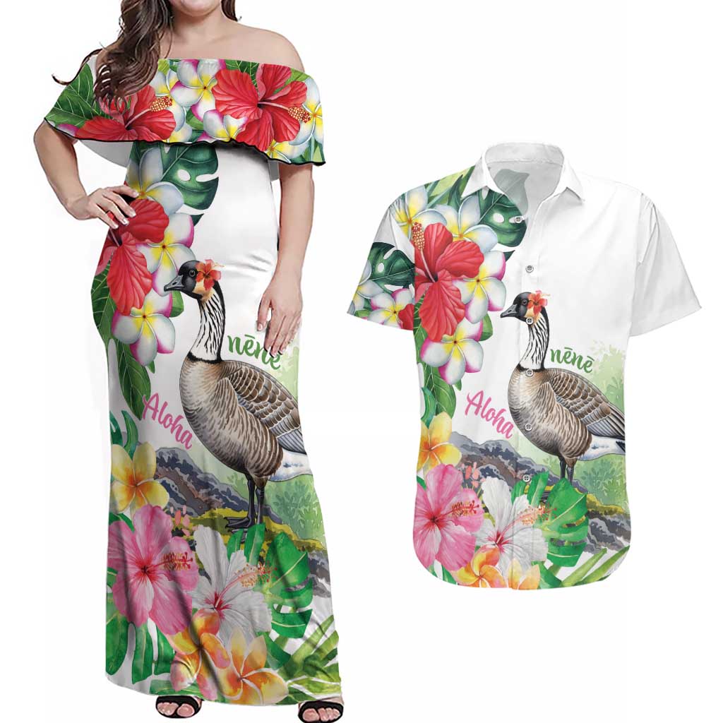 Aloha Hawaii Nene Goose Couples Matching Off Shoulder Maxi Dress and Hawaiian Shirt Tropical Flowers Watercolor Stylized - Polynesian Pride