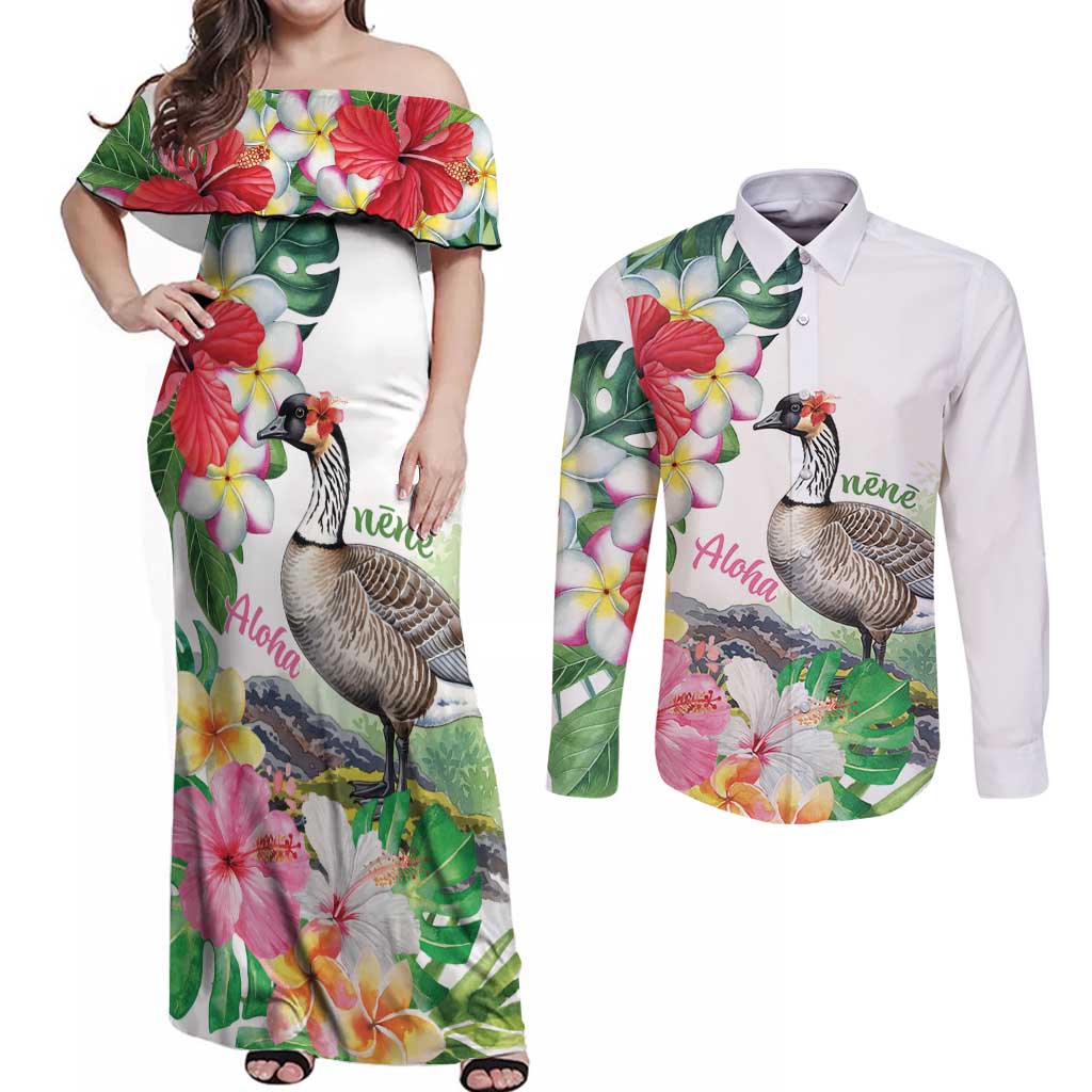 Aloha Hawaii Nene Goose Couples Matching Off Shoulder Maxi Dress and Long Sleeve Button Shirt Tropical Flowers Watercolor Stylized LT14 White - Polynesian Pride