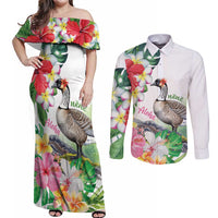 Aloha Hawaii Nene Goose Couples Matching Off Shoulder Maxi Dress and Long Sleeve Button Shirt Tropical Flowers Watercolor Stylized LT14 White - Polynesian Pride
