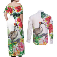 Aloha Hawaii Nene Goose Couples Matching Off Shoulder Maxi Dress and Long Sleeve Button Shirt Tropical Flowers Watercolor Stylized LT14 - Polynesian Pride