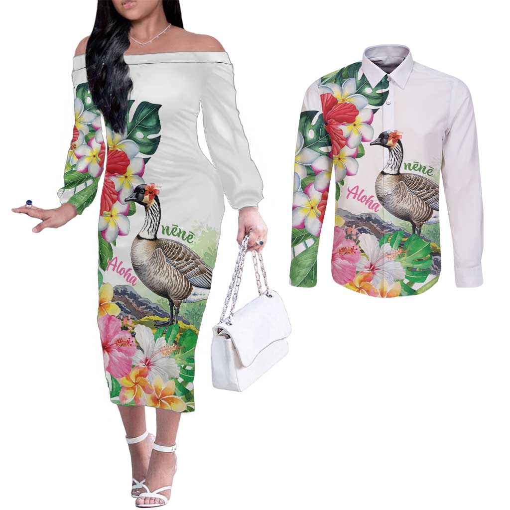 Aloha Hawaii Nene Goose Couples Matching Off The Shoulder Long Sleeve Dress and Long Sleeve Button Shirt Tropical Flowers Watercolor Stylized LT14 White - Polynesian Pride