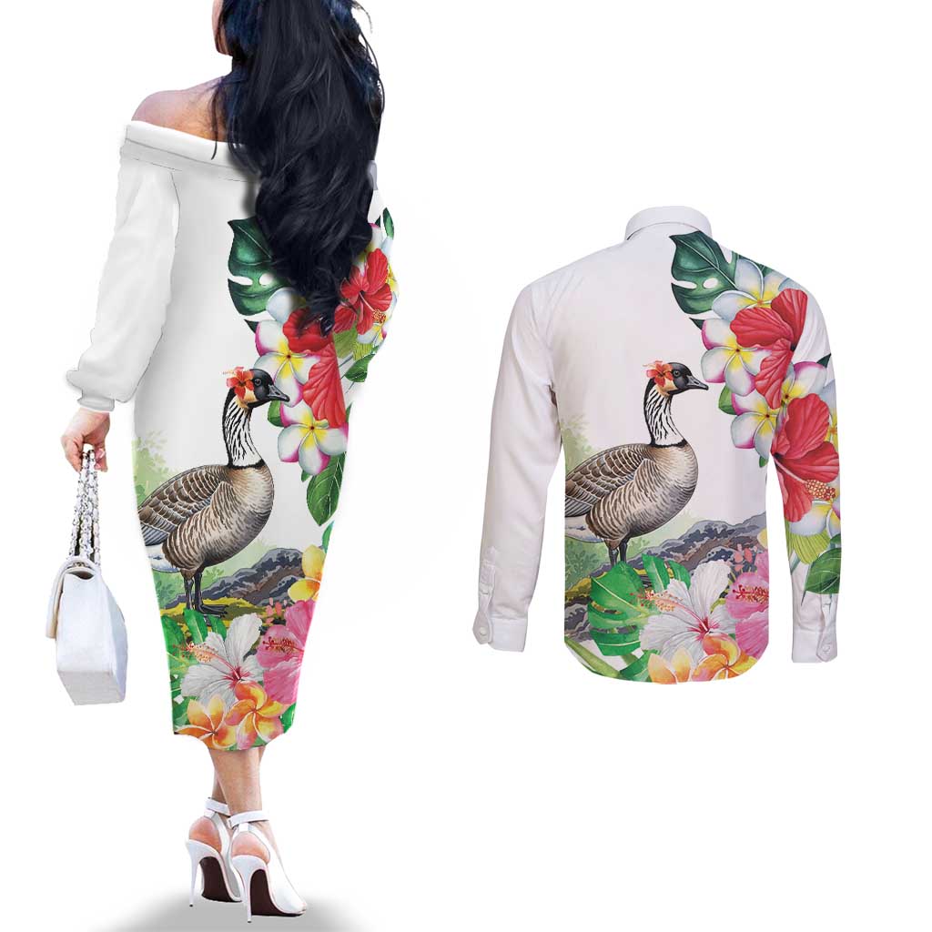 Aloha Hawaii Nene Goose Couples Matching Off The Shoulder Long Sleeve Dress and Long Sleeve Button Shirt Tropical Flowers Watercolor Stylized LT14 - Polynesian Pride