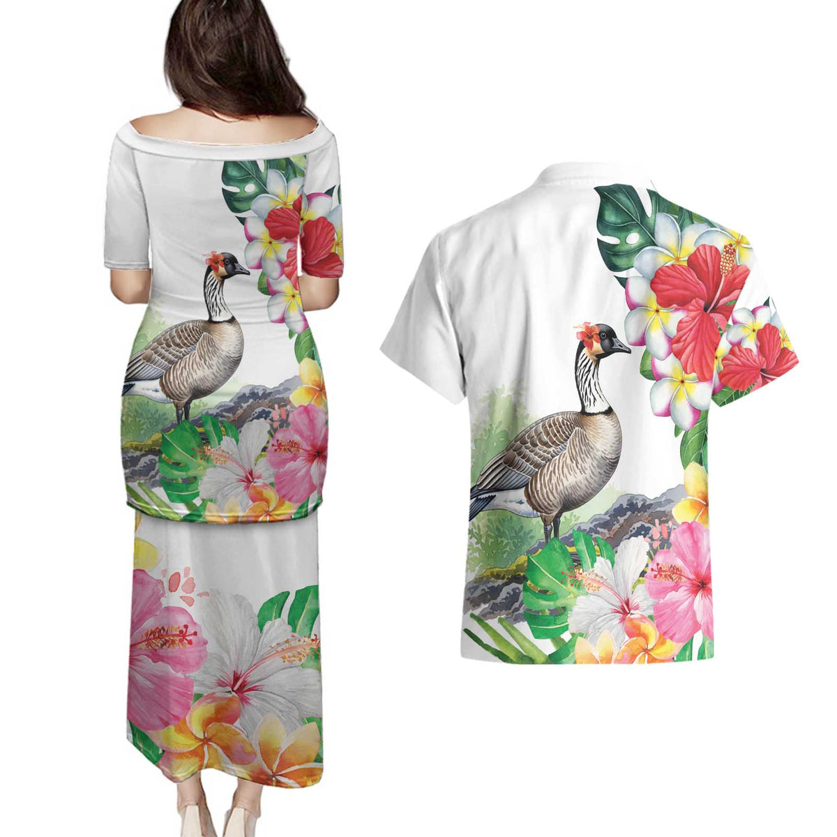 Aloha Hawaii Nene Goose Couples Matching Puletasi and Hawaiian Shirt Tropical Flowers Watercolor Stylized LT14 - Polynesian Pride
