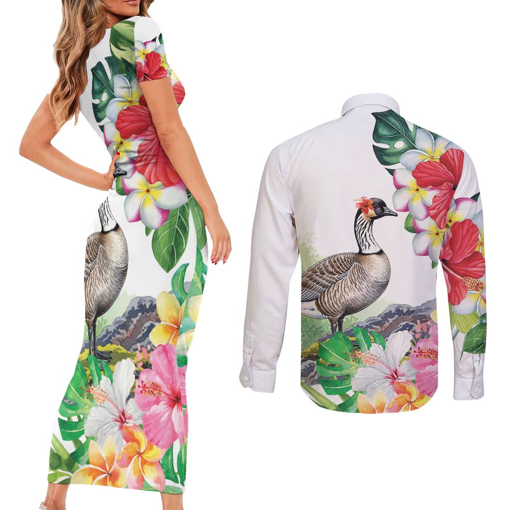 Aloha Hawaii Nene Goose Couples Matching Short Sleeve Bodycon Dress and Long Sleeve Button Shirt Tropical Flowers Watercolor Stylized LT14 - Polynesian Pride