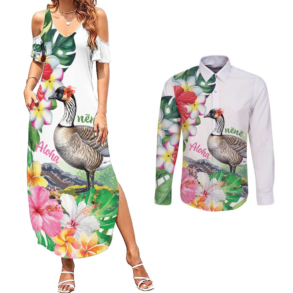 Aloha Hawaii Nene Goose Couples Matching Summer Maxi Dress and Long Sleeve Button Shirt Tropical Flowers Watercolor Stylized LT14 White - Polynesian Pride
