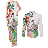 Aloha Hawaii Nene Goose Couples Matching Tank Maxi Dress and Long Sleeve Button Shirt Tropical Flowers Watercolor Stylized LT14 White - Polynesian Pride