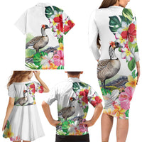 Aloha Hawaii Nene Goose Family Matching Long Sleeve Bodycon Dress and Hawaiian Shirt Tropical Flowers Watercolor Stylized LT14 - Polynesian Pride