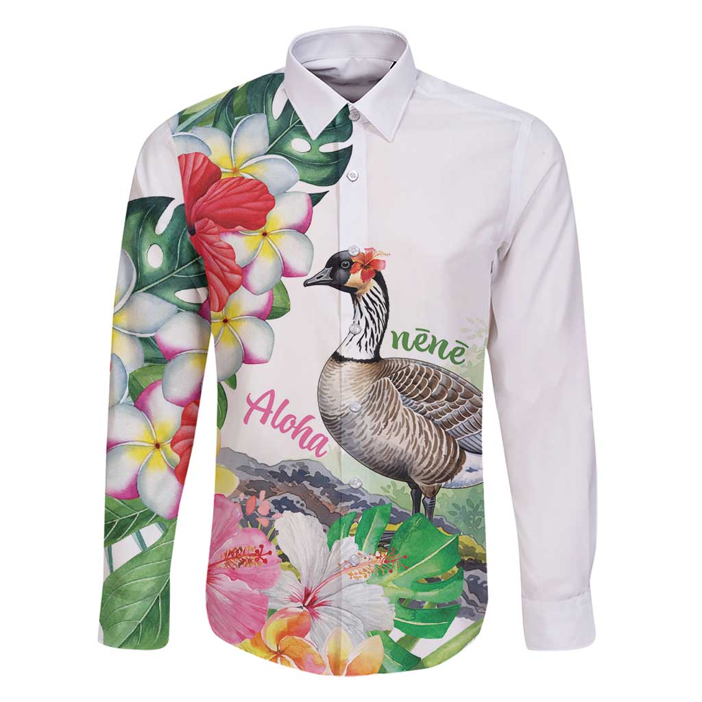 Aloha Hawaii Nene Goose Family Matching Long Sleeve Bodycon Dress and Hawaiian Shirt Tropical Flowers Watercolor Stylized LT14 Dad's Shirt - Long Sleeve White - Polynesian Pride