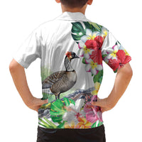 Aloha Hawaii Nene Goose Family Matching Off The Shoulder Long Sleeve Dress and Hawaiian Shirt Tropical Flowers Watercolor Stylized LT14 - Polynesian Pride