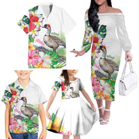 Aloha Hawaii Nene Goose Family Matching Off The Shoulder Long Sleeve Dress and Hawaiian Shirt Tropical Flowers Watercolor Stylized LT14 - Polynesian Pride