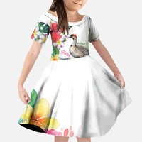 Aloha Hawaii Nene Goose Family Matching Off Shoulder Maxi Dress and Hawaiian Shirt Tropical Flowers Watercolor Stylized LT14 Daughter's Dress White - Polynesian Pride