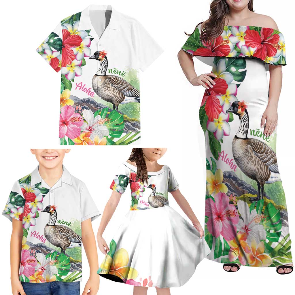 Aloha Hawaii Nene Goose Family Matching Off Shoulder Maxi Dress and Hawaiian Shirt Tropical Flowers Watercolor Stylized LT14 - Polynesian Pride