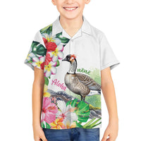 Aloha Hawaii Nene Goose Family Matching Off Shoulder Short Dress and Hawaiian Shirt Tropical Flowers Watercolor Stylized LT14 Son's Shirt White - Polynesian Pride