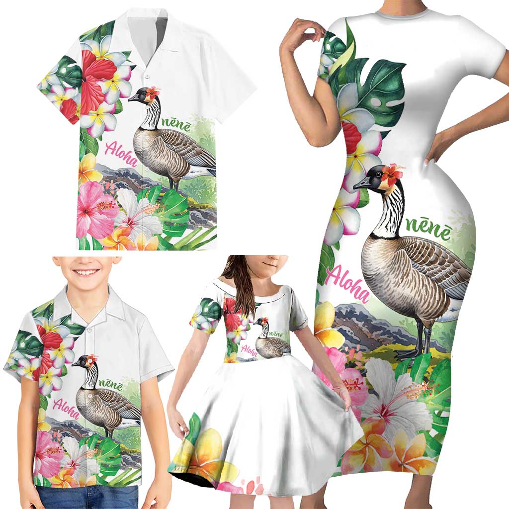 Aloha Hawaii Nene Goose Family Matching Short Sleeve Bodycon Dress and Hawaiian Shirt Tropical Flowers Watercolor Stylized LT14 - Polynesian Pride
