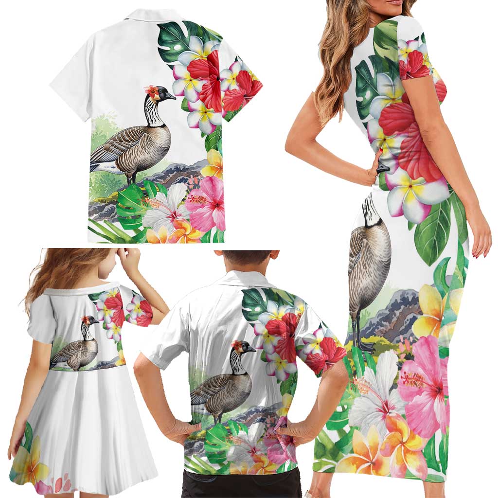 Aloha Hawaii Nene Goose Family Matching Short Sleeve Bodycon Dress and Hawaiian Shirt Tropical Flowers Watercolor Stylized LT14 - Polynesian Pride