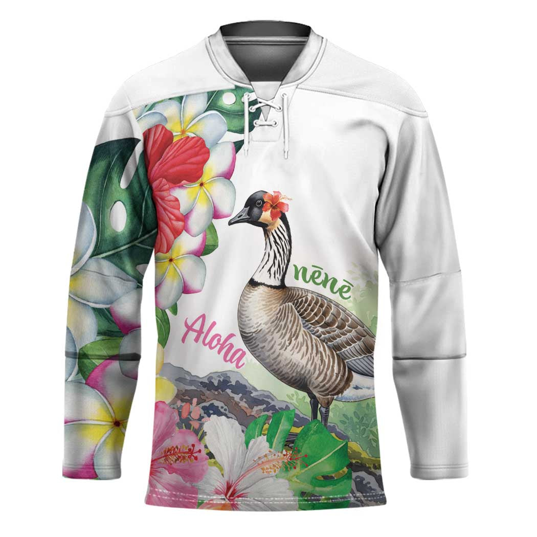 Aloha Hawaii Nene Goose Hockey Jersey Tropical Flowers Watercolor Stylized - Polynesian Pride