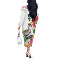 Aloha Hawaii Nene Goose Off The Shoulder Long Sleeve Dress Tropical Flowers Watercolor Stylized - Polynesian Pride