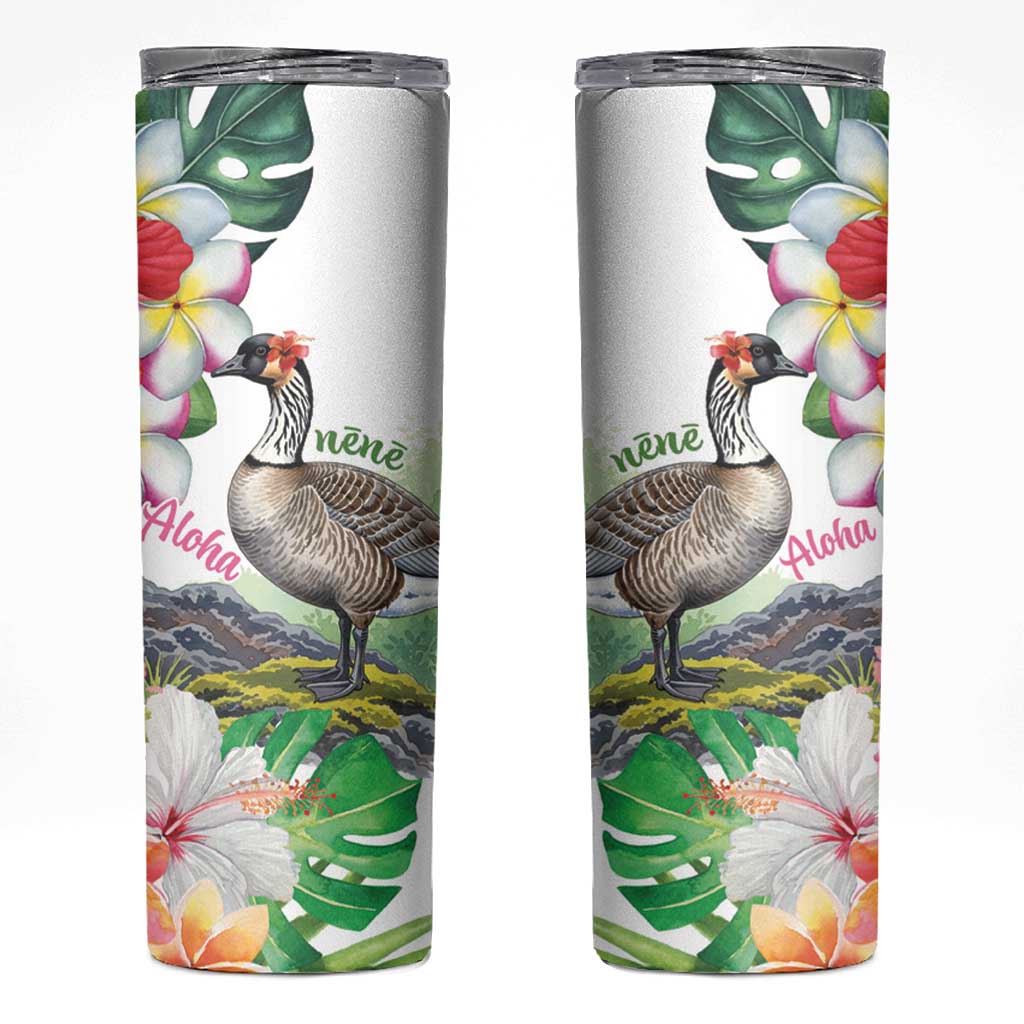 Aloha Hawaii Nene Goose Skinny Tumbler Tropical Flowers Watercolor Stylized LT14 White - Polynesian Pride