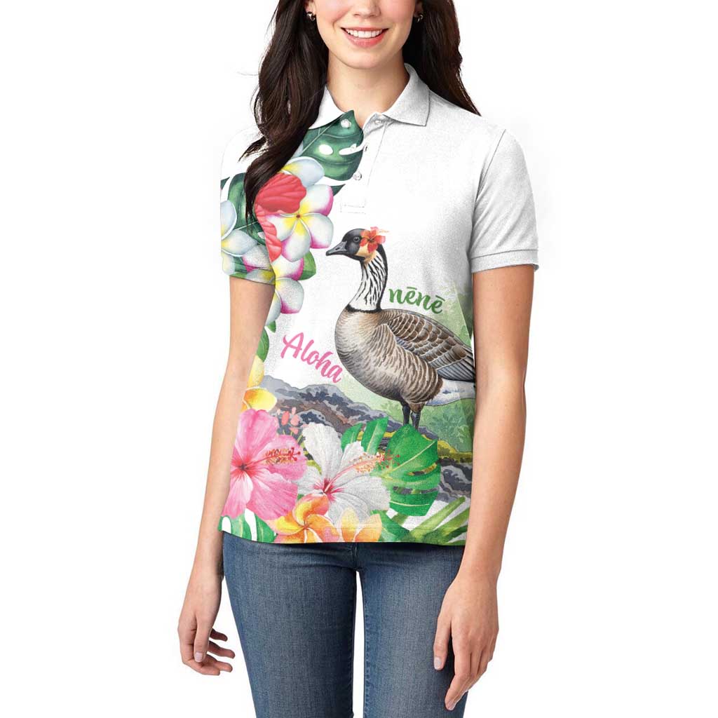 Aloha Hawaii Nene Goose Women Polo Shirt Tropical Flowers Watercolor Stylized - Polynesian Pride