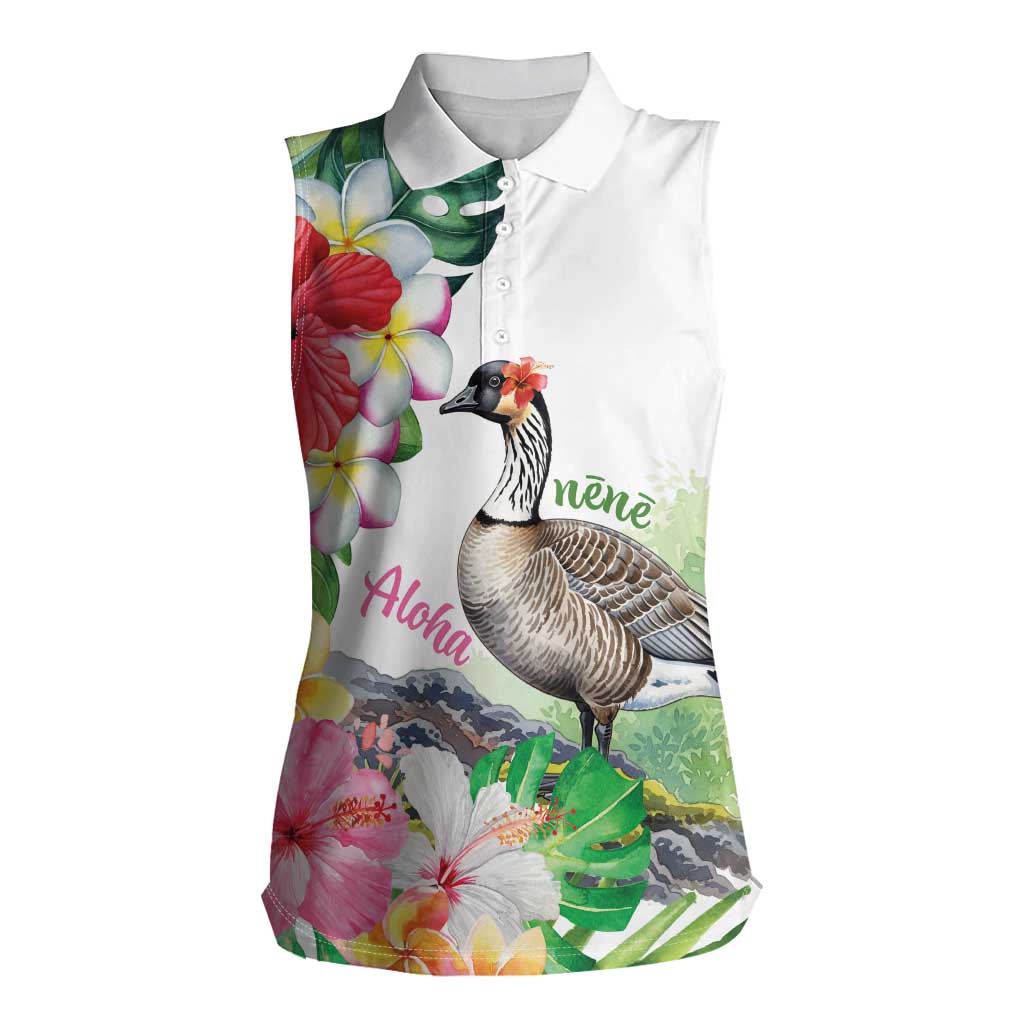 Aloha Hawaii Nene Goose Women Sleeveless Polo Shirt Tropical Flowers Watercolor Stylized LT14 Female White - Polynesian Pride