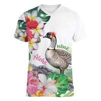 Aloha Hawaii Nene Goose Women V-Neck T-Shirt Tropical Flowers Watercolor Stylized LT14 Female White - Polynesian Pride