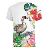 Aloha Hawaii Nene Goose Women V-Neck T-Shirt Tropical Flowers Watercolor Stylized LT14 - Polynesian Pride