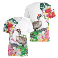 Aloha Hawaii Nene Goose Women V-Neck T-Shirt Tropical Flowers Watercolor Stylized LT14 - Polynesian Pride