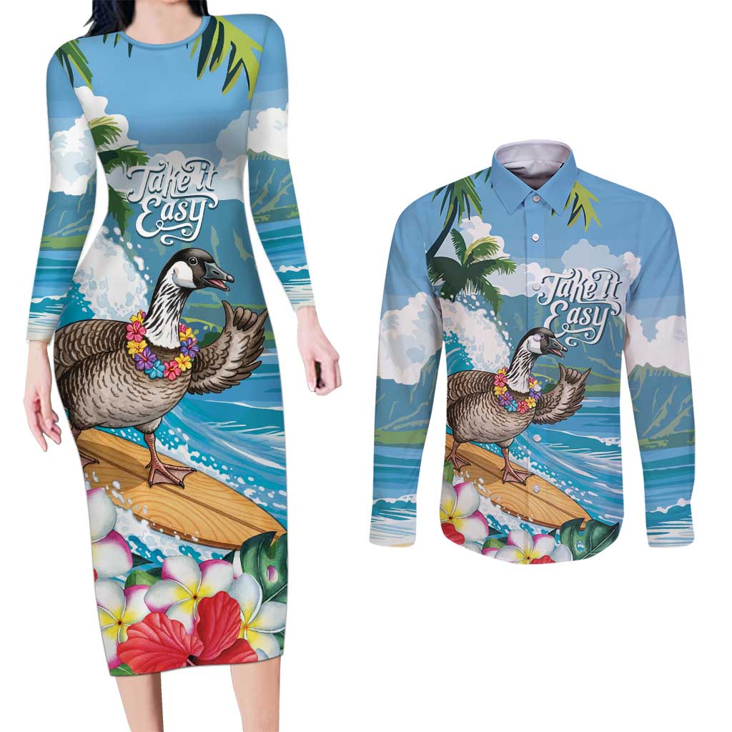 Aloha Hawaii Shaka Nene Goose Couples Matching Long Sleeve Bodycon Dress and Long Sleeve Button Shirt Surfing Take It Easy LT14 Blue - Polynesian Pride