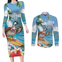 Aloha Hawaii Shaka Nene Goose Couples Matching Long Sleeve Bodycon Dress and Long Sleeve Button Shirt Surfing Take It Easy LT14 Blue - Polynesian Pride
