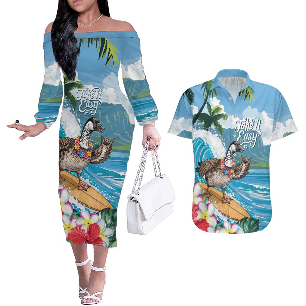 Aloha Hawaii Shaka Nene Goose Couples Matching Off The Shoulder Long Sleeve Dress and Hawaiian Shirt Surfing Take It Easy LT14 Blue - Polynesian Pride