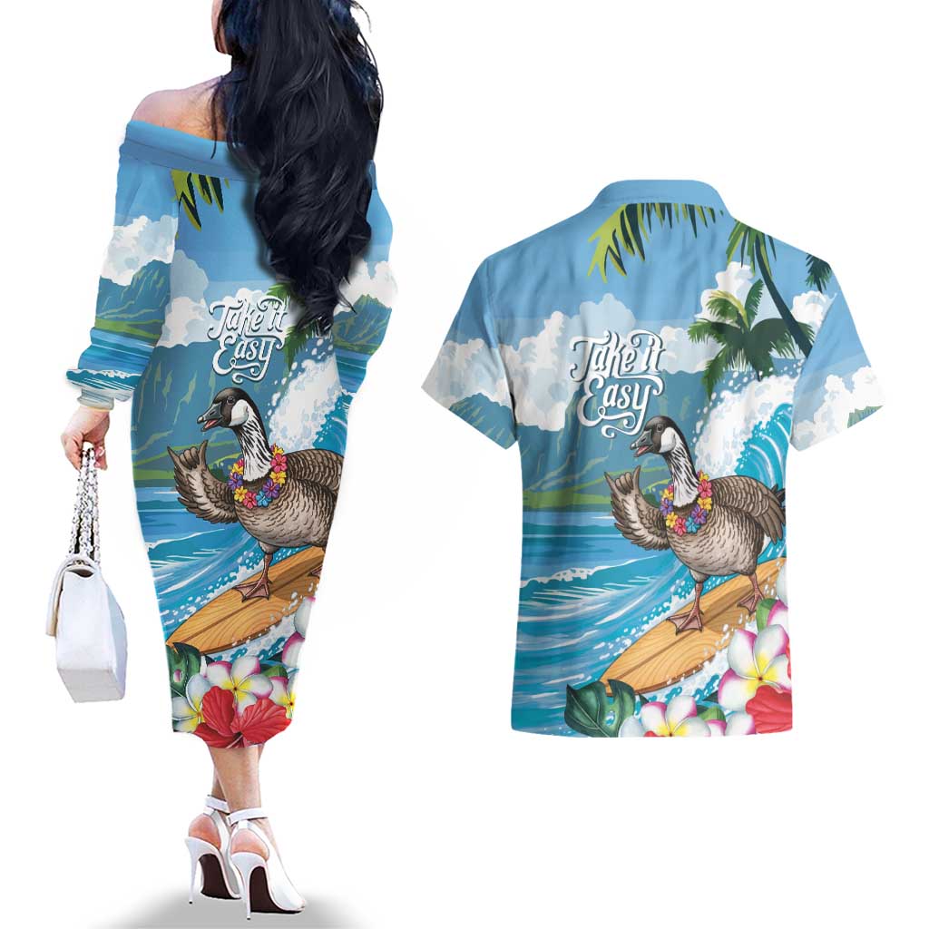 Aloha Hawaii Shaka Nene Goose Couples Matching Off The Shoulder Long Sleeve Dress and Hawaiian Shirt Surfing Take It Easy LT14 - Polynesian Pride
