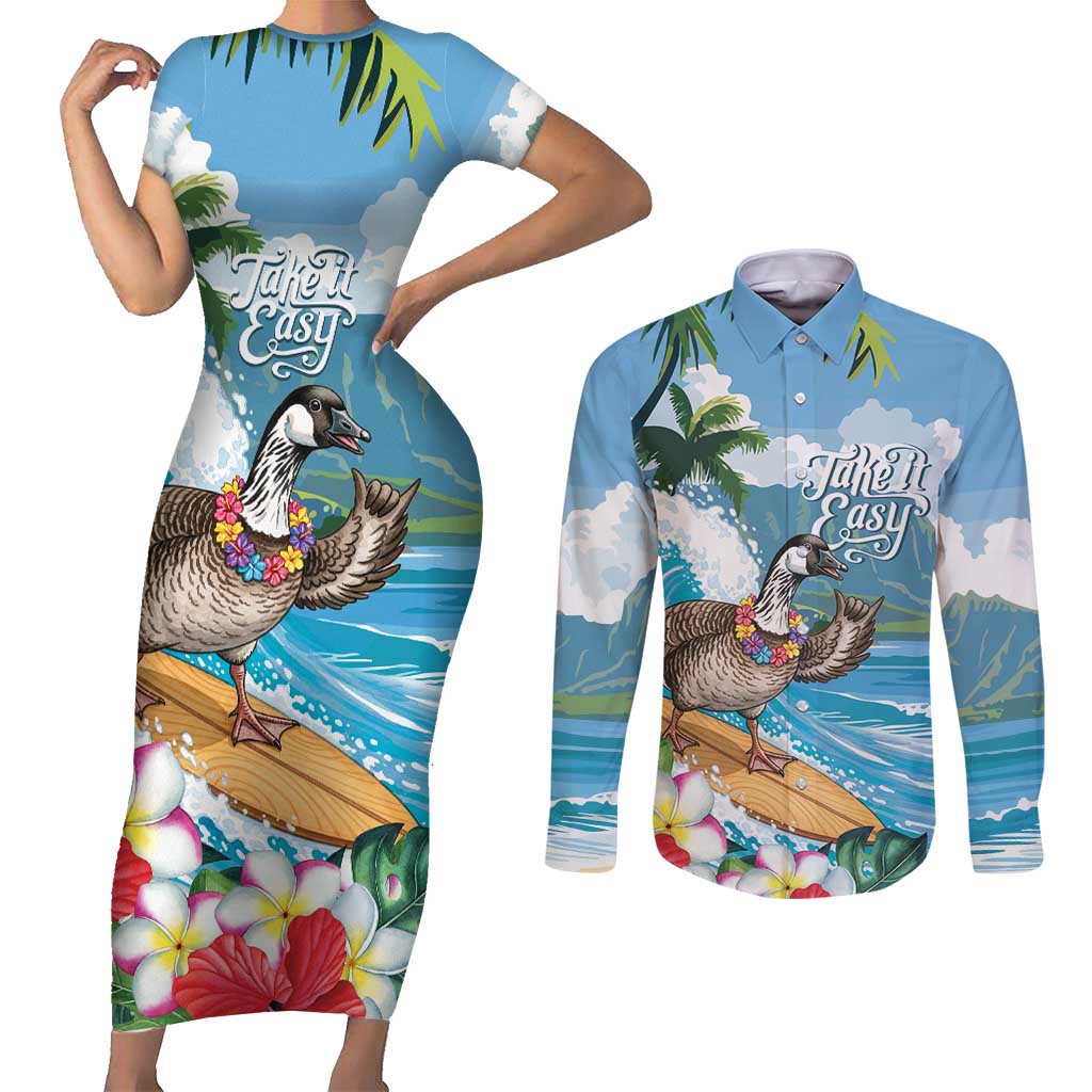 Aloha Hawaii Shaka Nene Goose Couples Matching Short Sleeve Bodycon Dress and Long Sleeve Button Shirt Surfing Take It Easy LT14 Blue - Polynesian Pride
