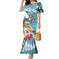 Aloha Hawaii Shaka Nene Goose Family Matching Mermaid Dress and Hawaiian Shirt Surfing Take It Easy LT14 Mom's Dress Blue - Polynesian Pride