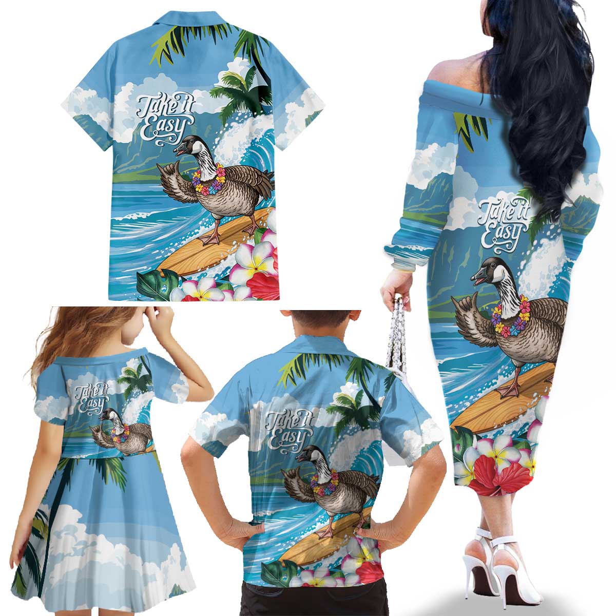 Aloha Hawaii Shaka Nene Goose Family Matching Off The Shoulder Long Sleeve Dress and Hawaiian Shirt Surfing Take It Easy LT14 - Polynesian Pride