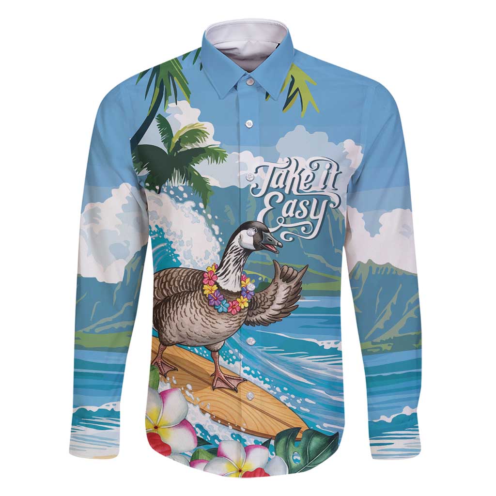 Aloha Hawaii Shaka Nene Goose Family Matching Off Shoulder Maxi Dress and Hawaiian Shirt Surfing Take It Easy LT14 Dad's Shirt - Long Sleeve Blue - Polynesian Pride