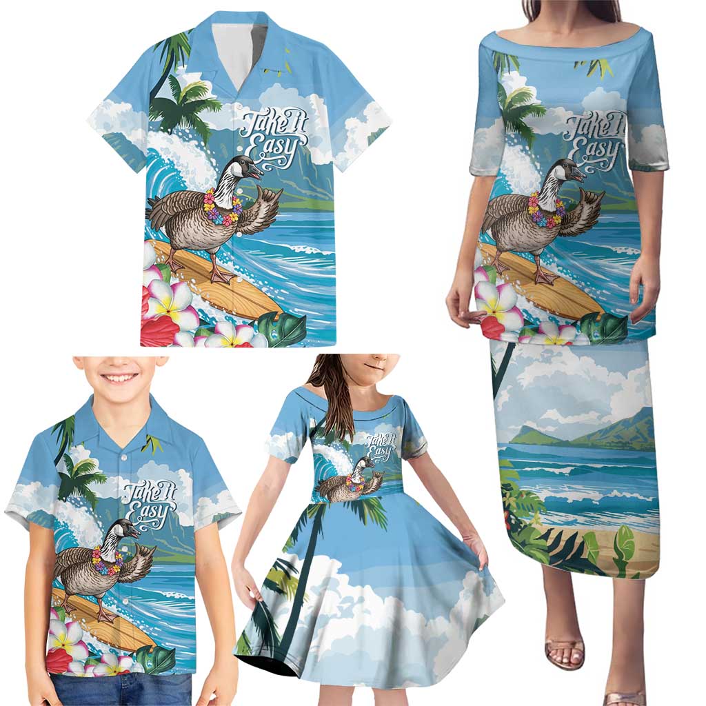 Aloha Hawaii Shaka Nene Goose Family Matching Puletasi and Hawaiian Shirt Surfing Take It Easy LT14 - Polynesian Pride