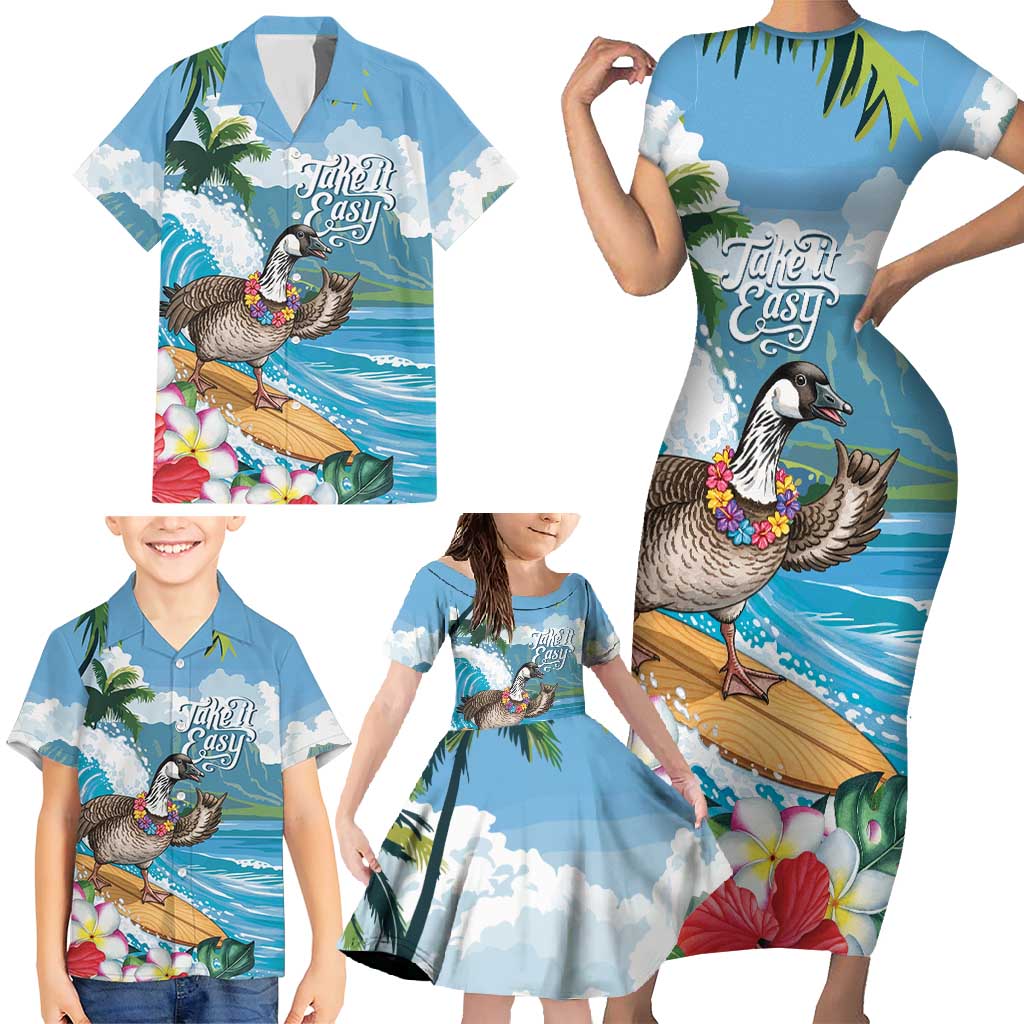 Aloha Hawaii Shaka Nene Goose Family Matching Short Sleeve Bodycon Dress and Hawaiian Shirt Surfing Take It Easy LT14 - Polynesian Pride