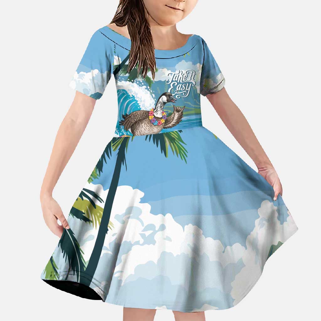 Aloha Hawaii Shaka Nene Goose Family Matching Summer Maxi Dress and Hawaiian Shirt Surfing Take It Easy LT14 Daughter's Dress Blue - Polynesian Pride